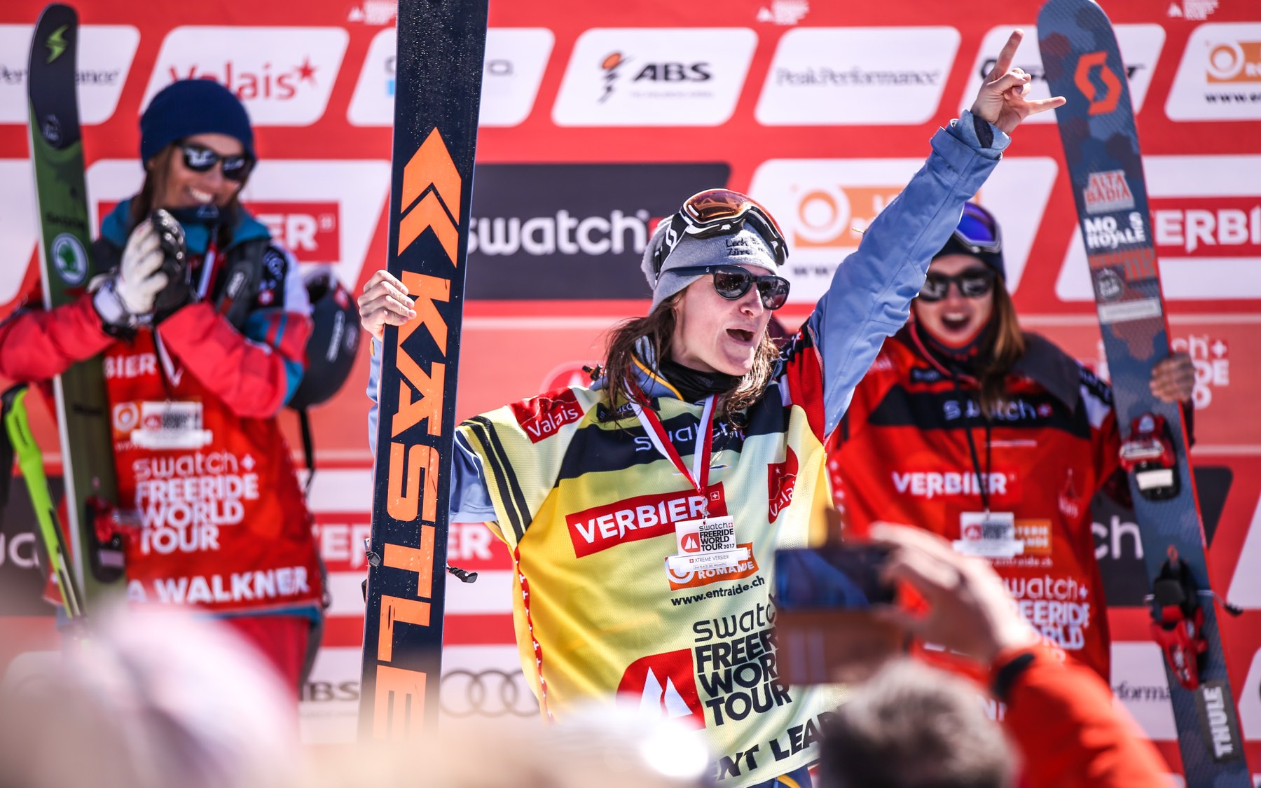 Lorraine Huber on the podium at a Freeride World Tour event
